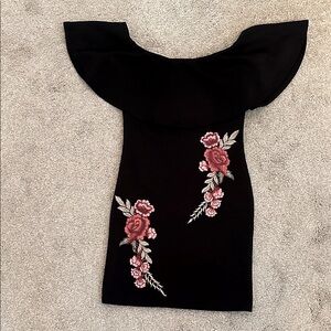 Chic Black Off-Shoulder Dress with Floral Accents